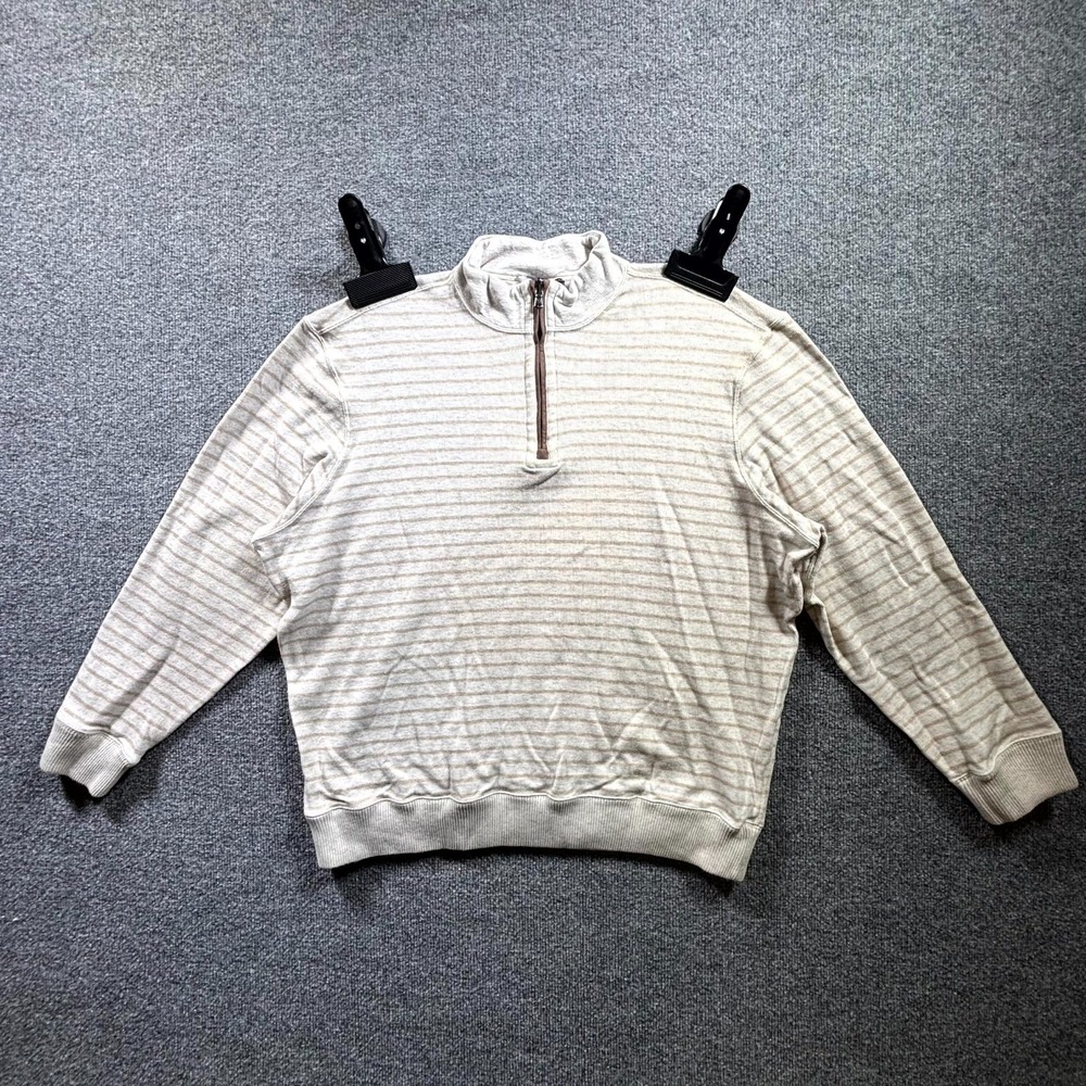 Cremieux Sweater Mens XL Beige Tan Striped Ribbed Knit Mock Neck 1/4 Zip Classic